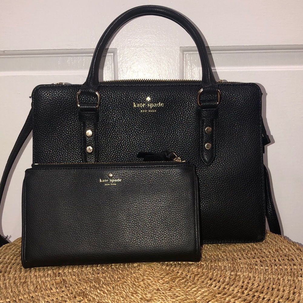 kate spade Black Pebbled Leather Satchel with Matching Wallet